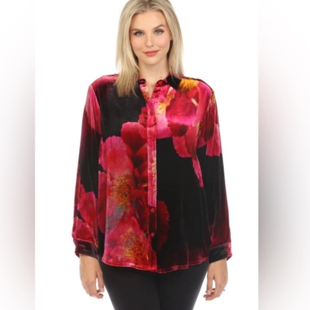 JOHNNY WAS Velvet Oversized Shirt Ruby Bloom Size XL, NWT